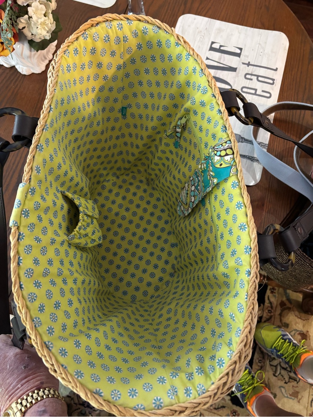 Vera Bradley Teal and Lime Paisley Woven Tote with Dark Brown Handles - Picture 3 of 4